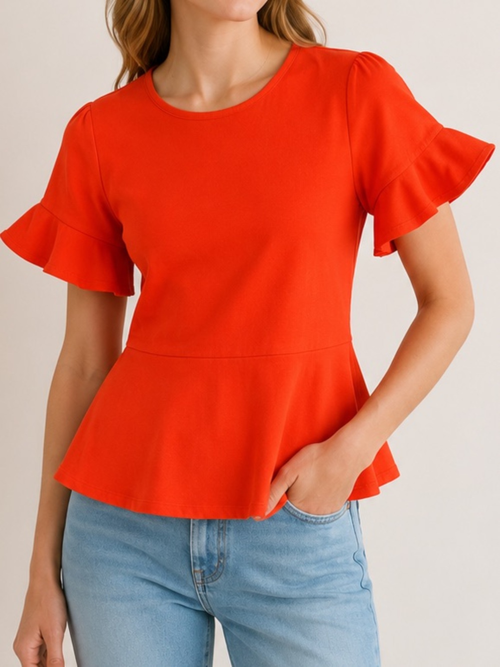 Madewell Flare-Hem Peplum Top – Bright Poppy Orange 🍊| Small